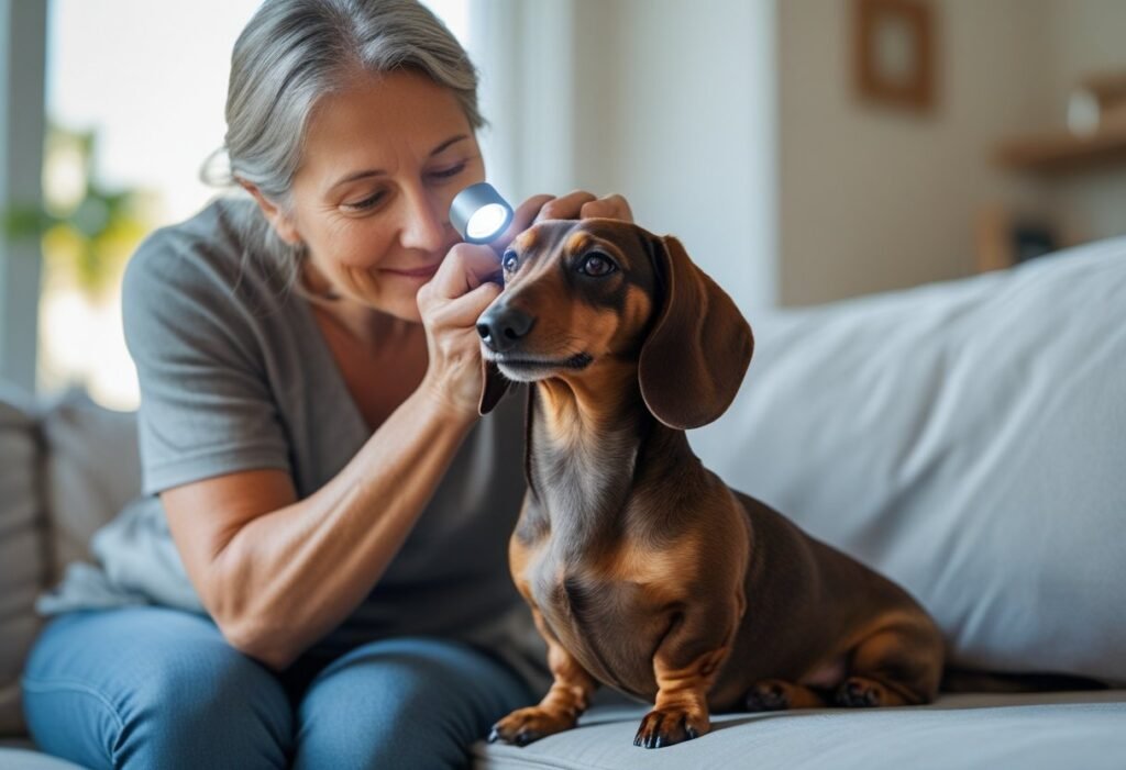 Owner checking Dachshund ear with flashlight for signs of ear mites.