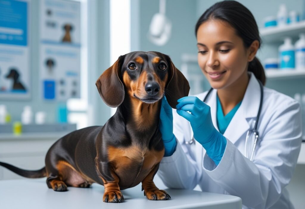 Vet examining Dachshund ear for mites during a clinic visit.