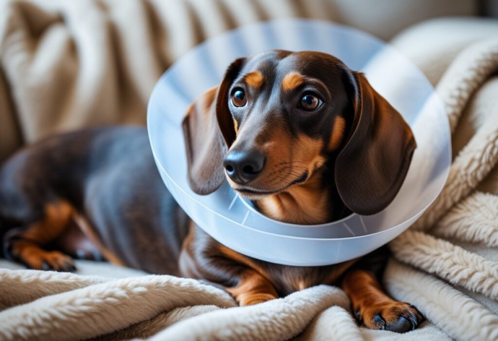 Dachshund wearing cone collar after ear mite treatment at home.