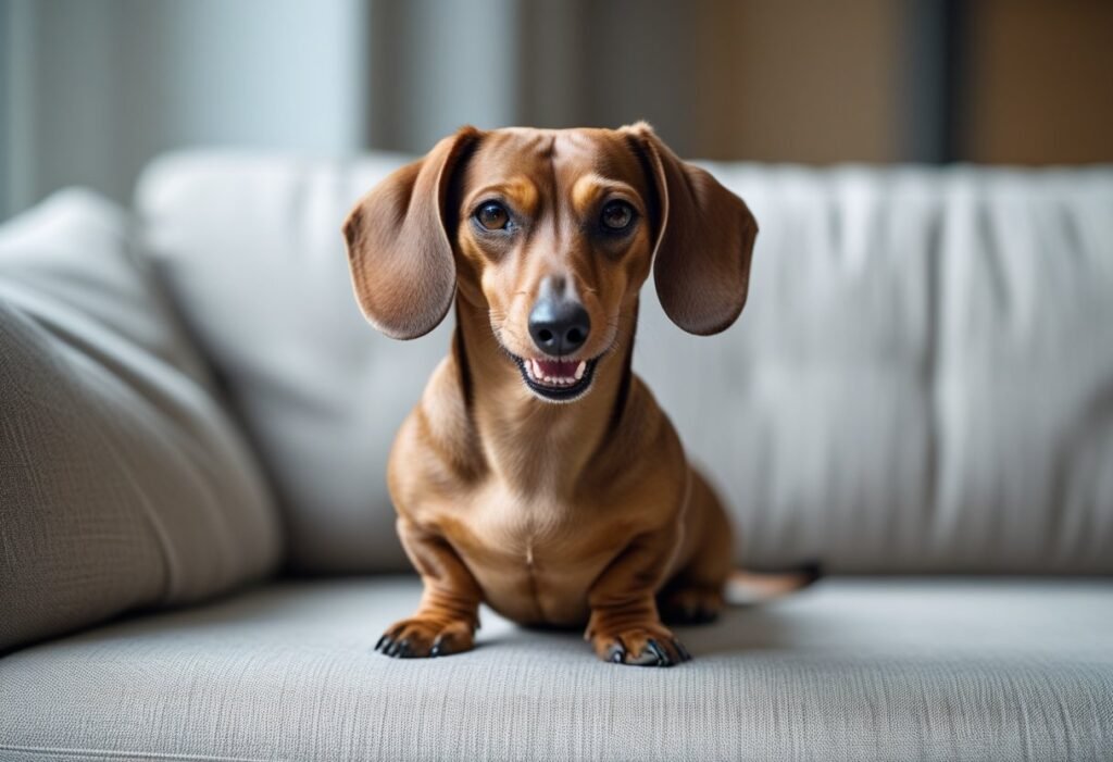 Dachshund growling softly while sitting on a couch, ears back in warning.