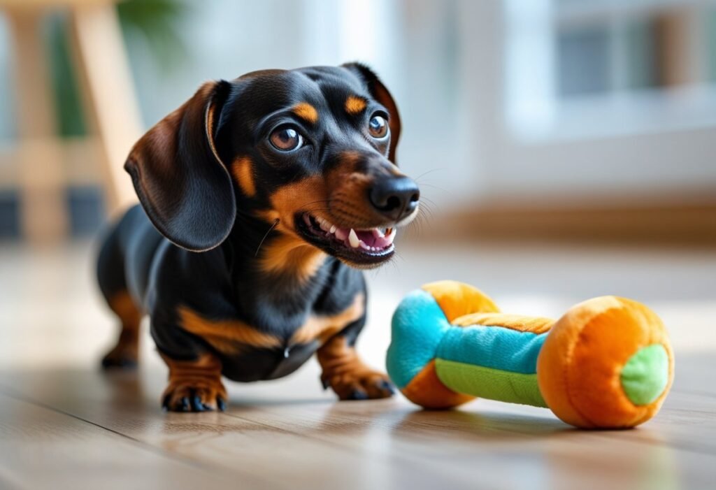 Dachshund growling while guarding a favorite toy on the living room floor.