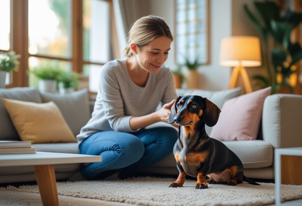 Owner calming a tense Dachshund growling in a cozy living room setting.