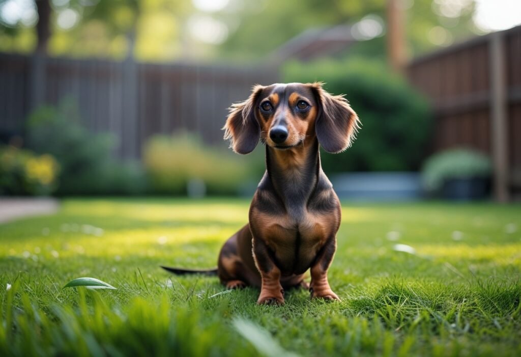 Dachshund growling with raised hackles while standing in the backyard.