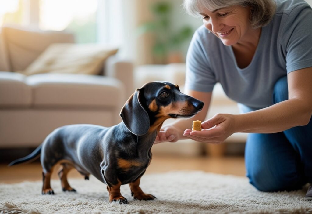 Owner offering treat to wary Dachshund growling, building trust through training.