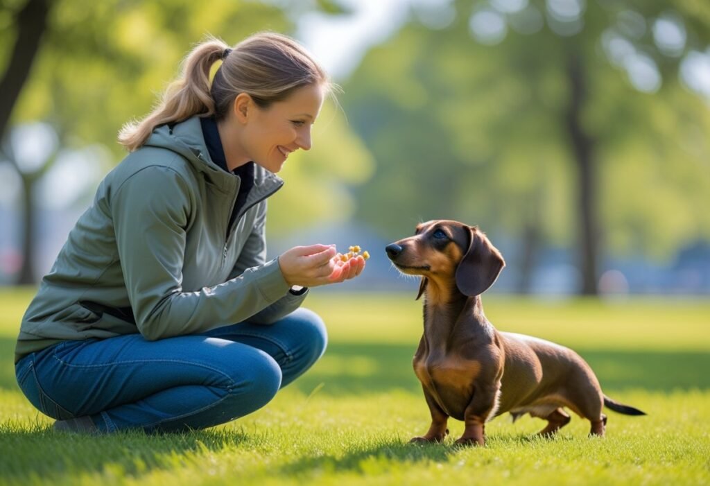 Owner training Dachshund growling with positive reinforcement outdoors.