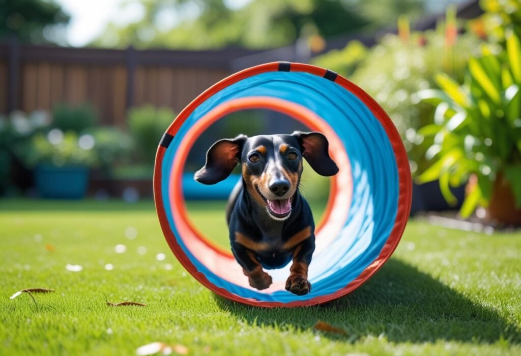 Happy Dachshund agility training in a backyard tunnel.