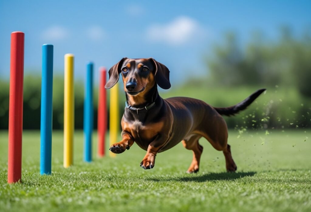 Dachshund agility weave through colorful training poles.