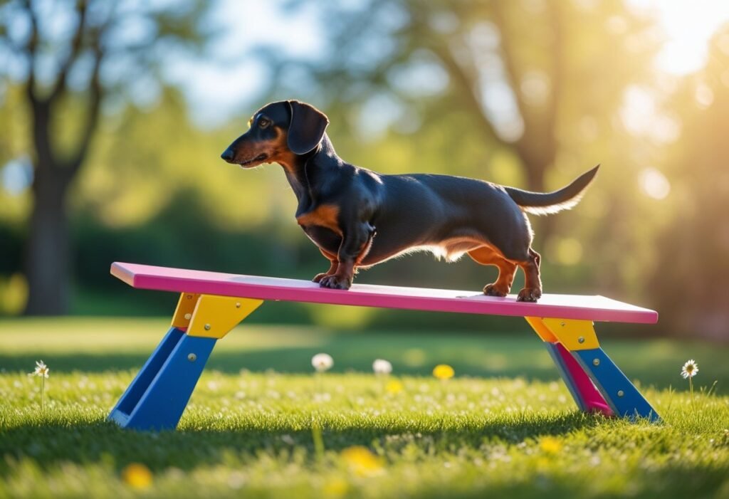 Dachshund agility seesaw balance during outdoor practice.