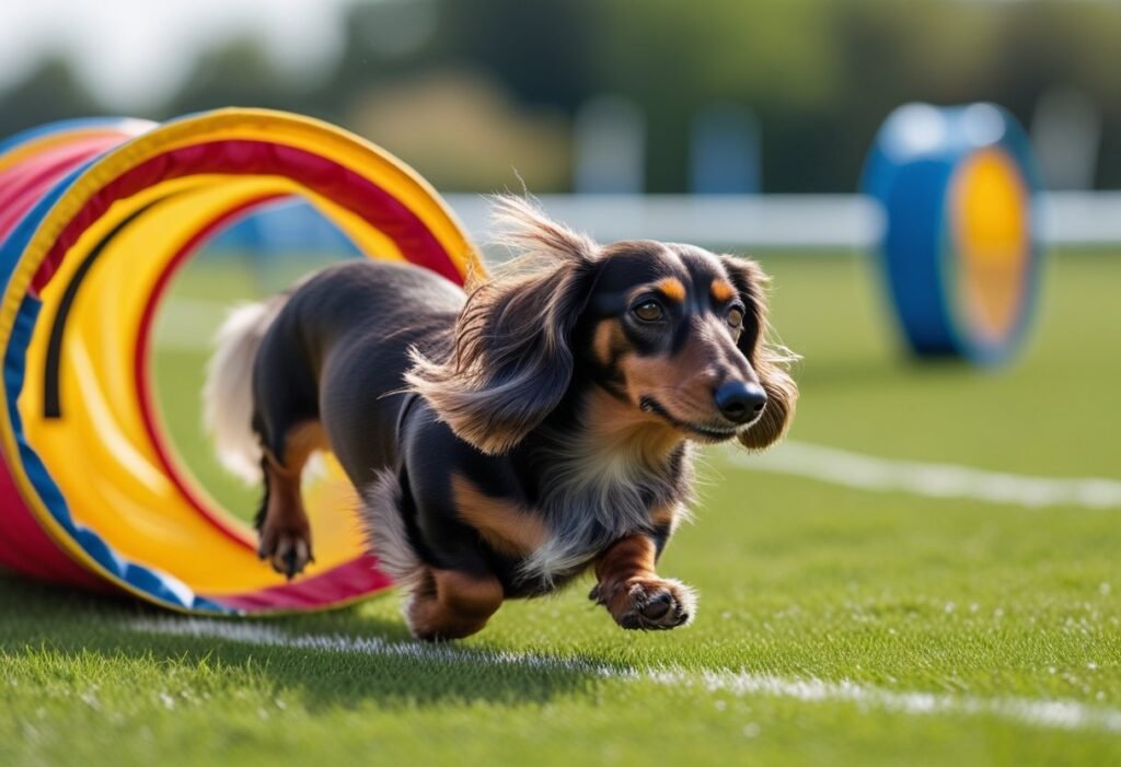 Long-haired Dachshund agility training through small tunnel.