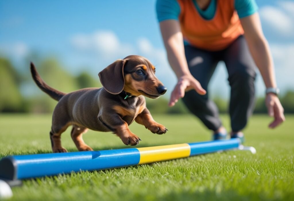 Dachshund puppy agility jump with trainer’s guidance.