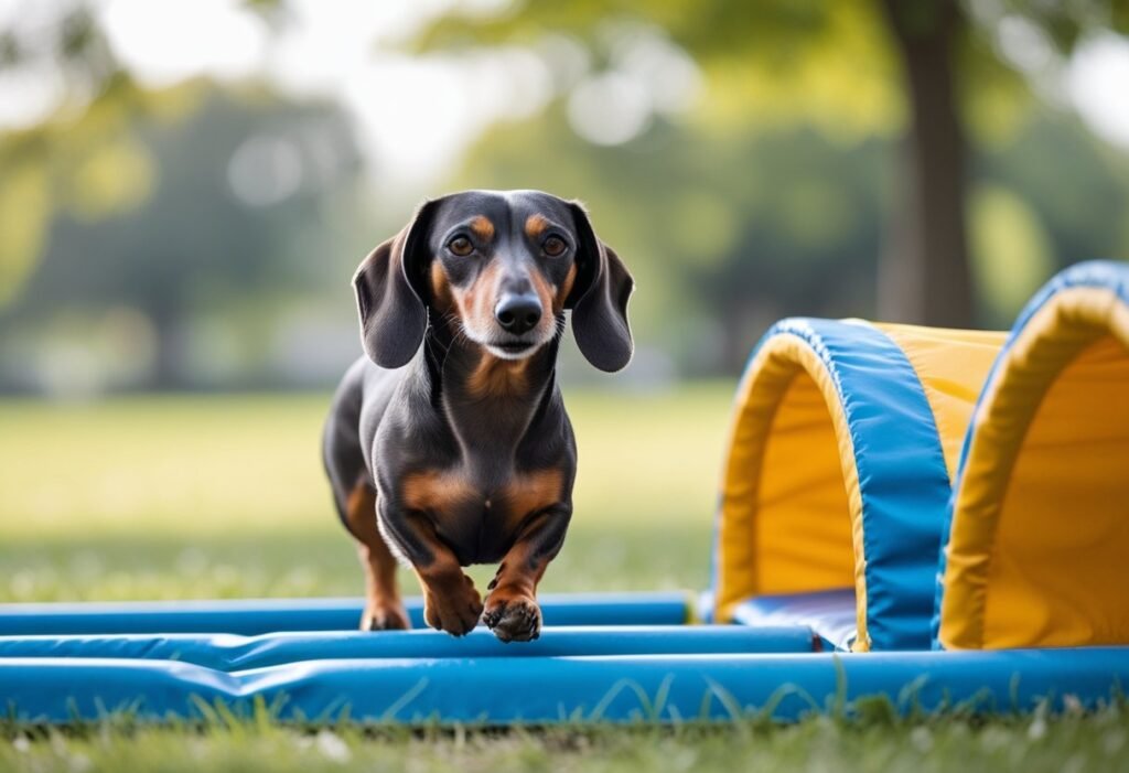 Senior Dachshund agility course with easy obstacles.