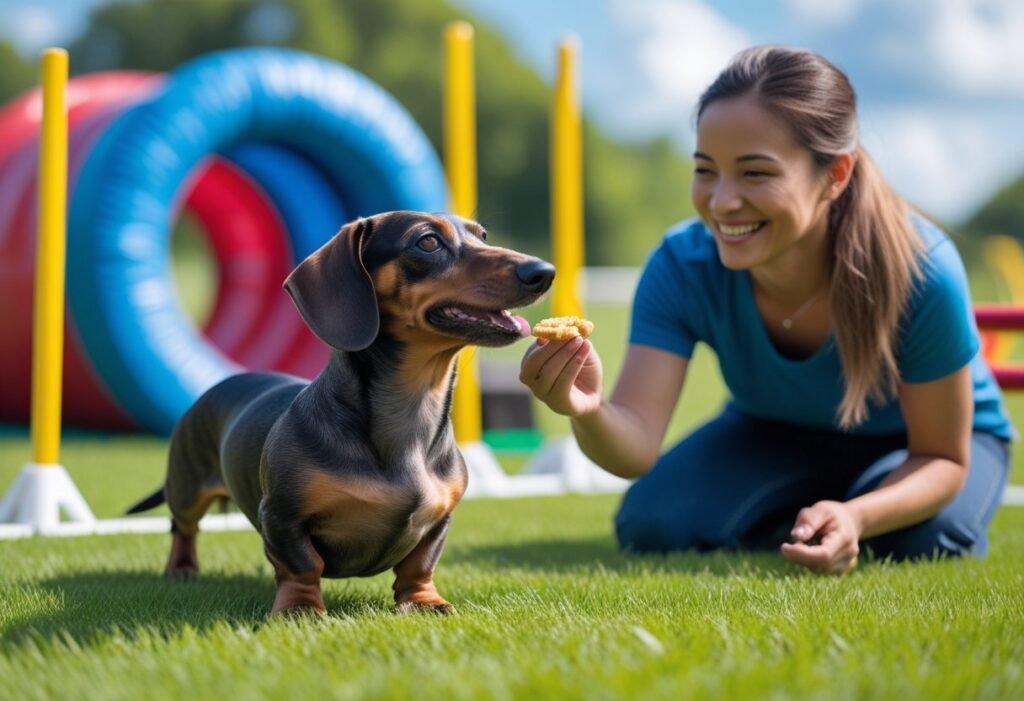 Dachshund gets treat reward after agility course finish.