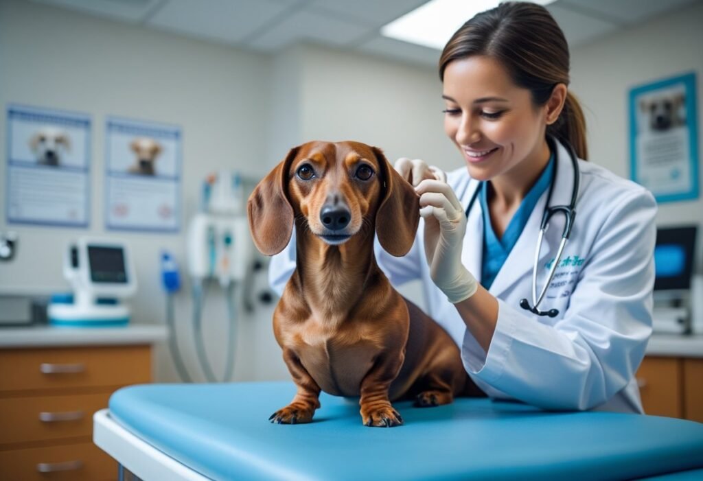 Veterinarian gently checking a Dachshund’s ears during a vet check up.