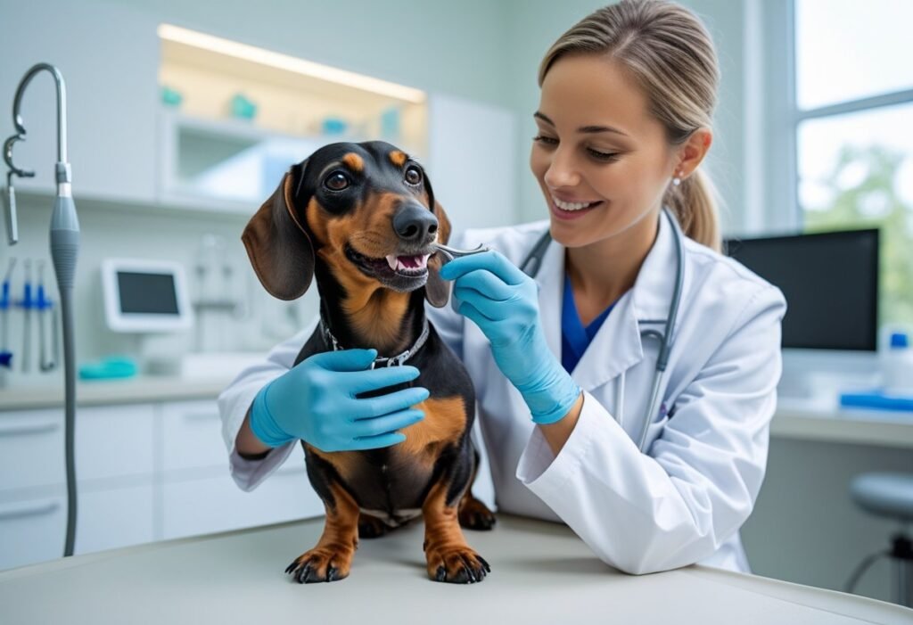 Dachshund having its teeth examined during a routine vet check up.