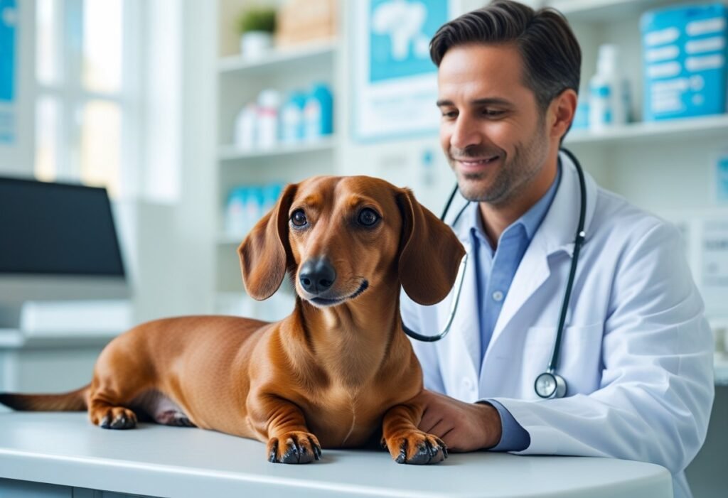 Vet listening to Dachshund’s heartbeat with a stethoscope in a check up.
