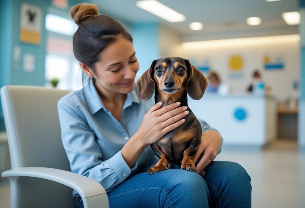 Owner comforting Dachshund in waiting room before a vet check up.