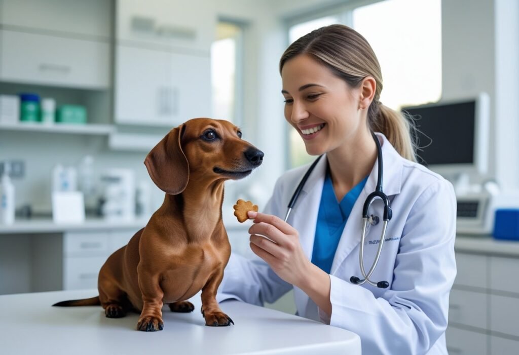 Vet giving a Dachshund a treat after a successful health check up.