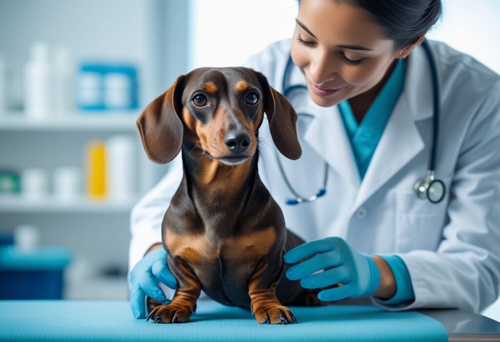 Dachshund’s paws being inspected during a vet check up.