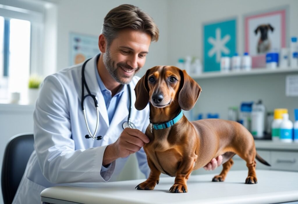 Dachshund’s paws being inspected during a vet check up.