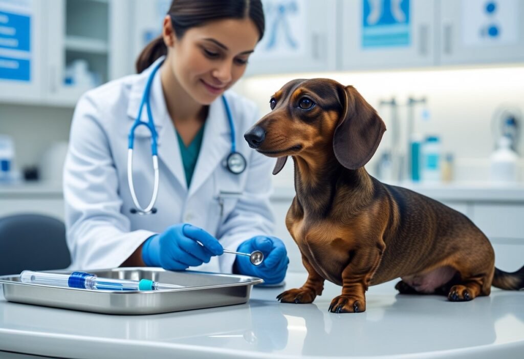 Curious Dachshund watching vet prepare tools for a health check up.