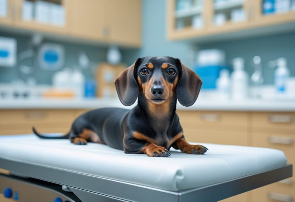 Miniature Dachshund on vet table before spaying procedure.