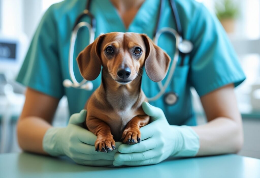 Veterinarian holding miniature Dachshund before spay surgery.