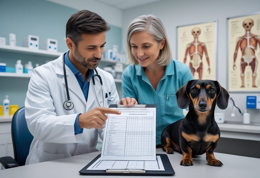 Veterinarian explaining spaying process to Dachshund owner.