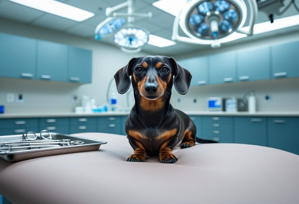 Surgical prep area with miniature Dachshund ready for spay.