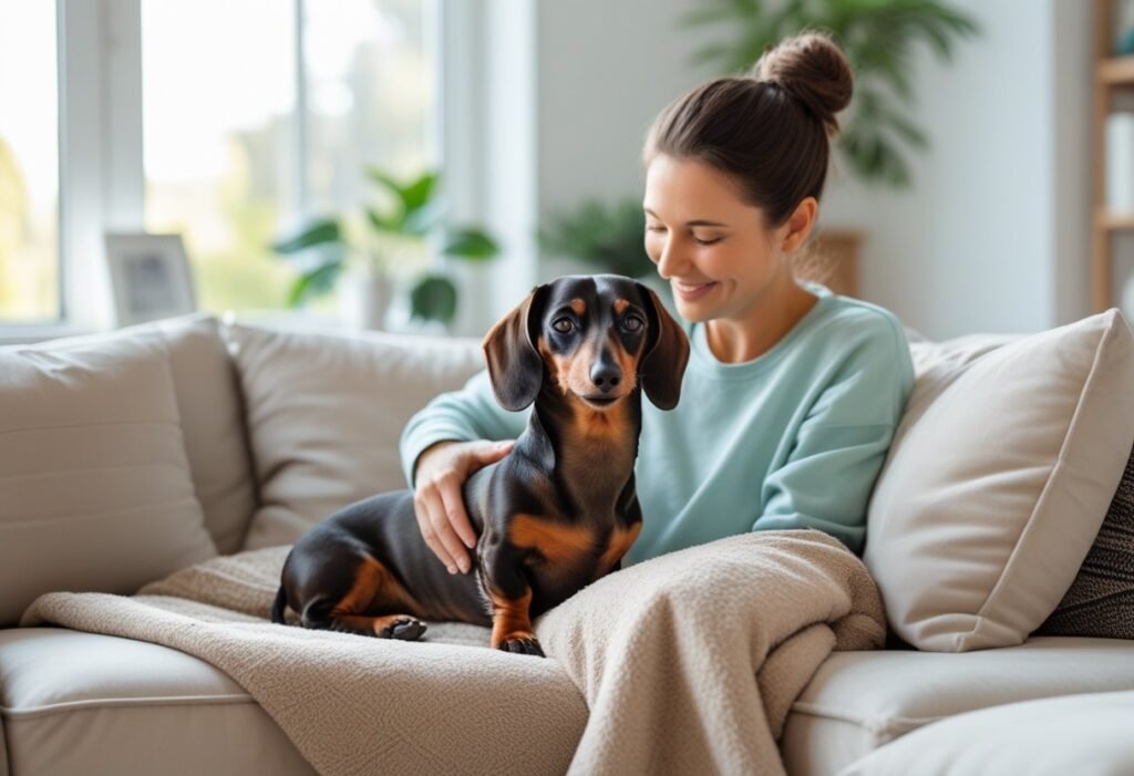 Owner cuddling miniature Dachshund during spay recovery.