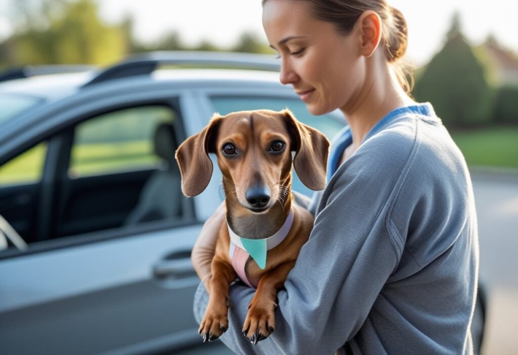 Owner carrying miniature Dachshund home after spay surgery.