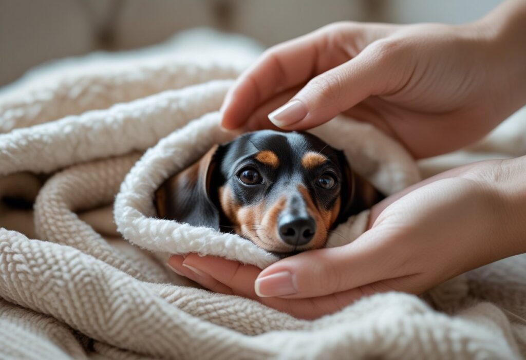 Owner covering miniature Dachshund with blanket post-surgery.