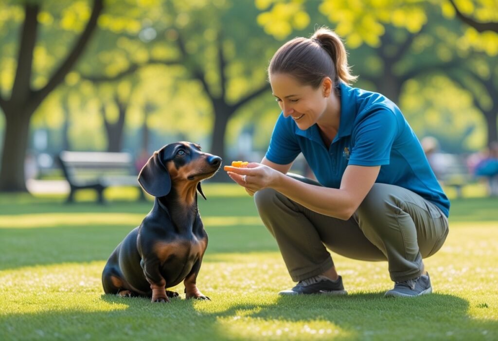 Dachshund sitting calmly with owner during Canine Good Citizen Dachshund training in the park.