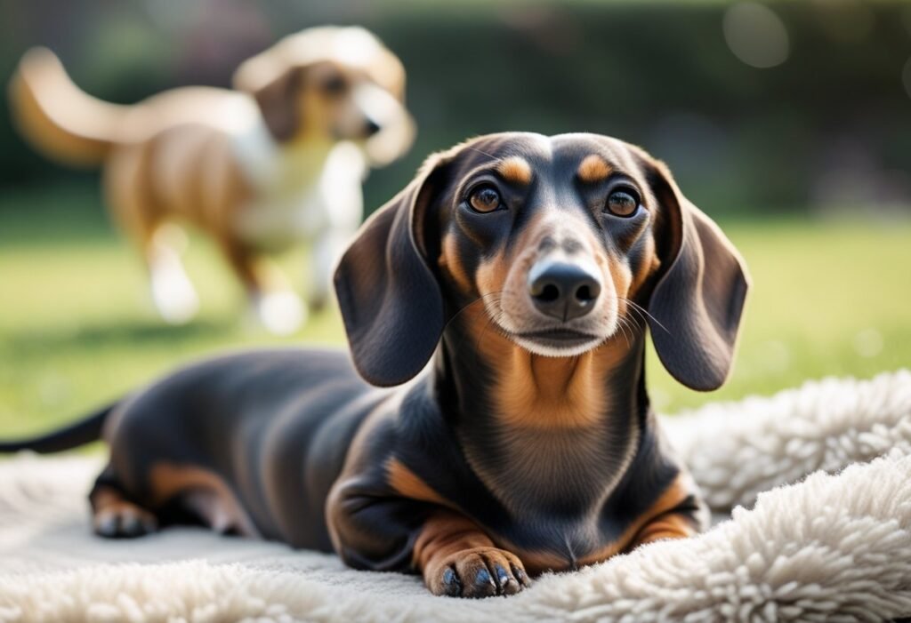 Dachshund staying calm while another dog walks by during Canine Good Citizen practice.