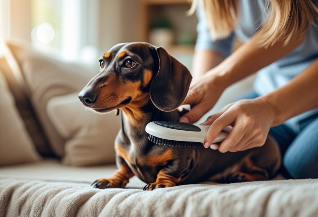 Calm Canine Good Citizen Dachshund being brushed gently during grooming practice.