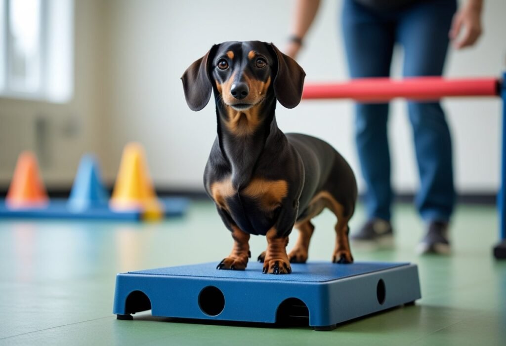 Dachshund standing confidently on training platform at Canine Good Citizen class.
