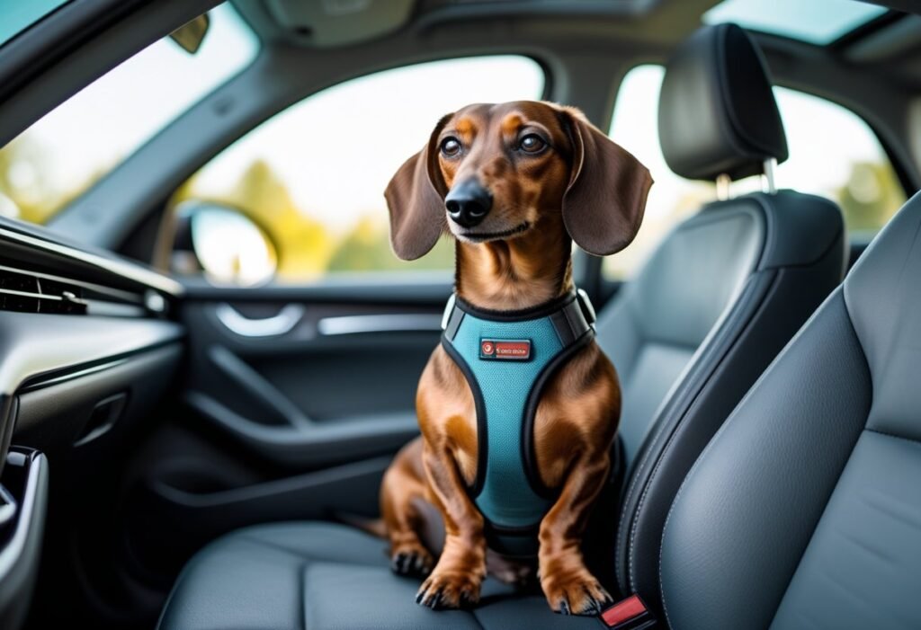 Dachshund riding safely in car seatbelt harness as part of Canine Good Citizen prep.