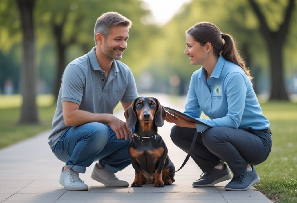 Dachshund sitting beside owner as CGC evaluator approaches for Canine Good Citizen test.