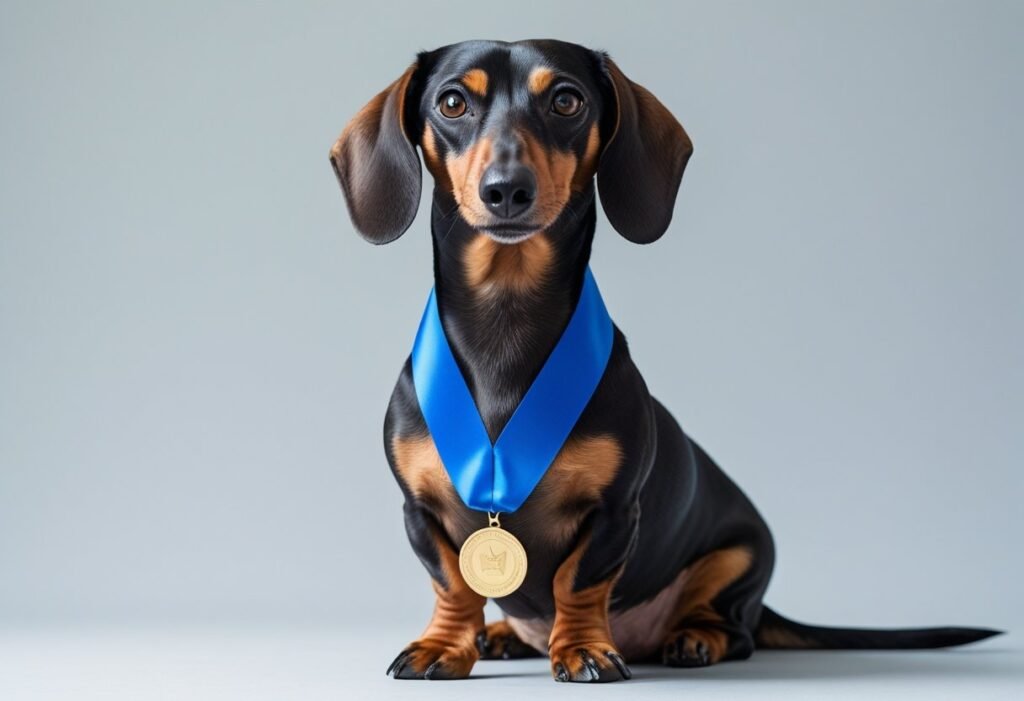 Proud Canine Good Citizen Dachshund wearing a ribbon symbolizing CGC success.