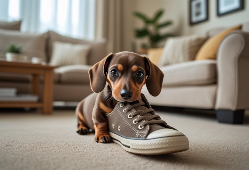 Dachshund puppy chewing on a shoe in the living room.