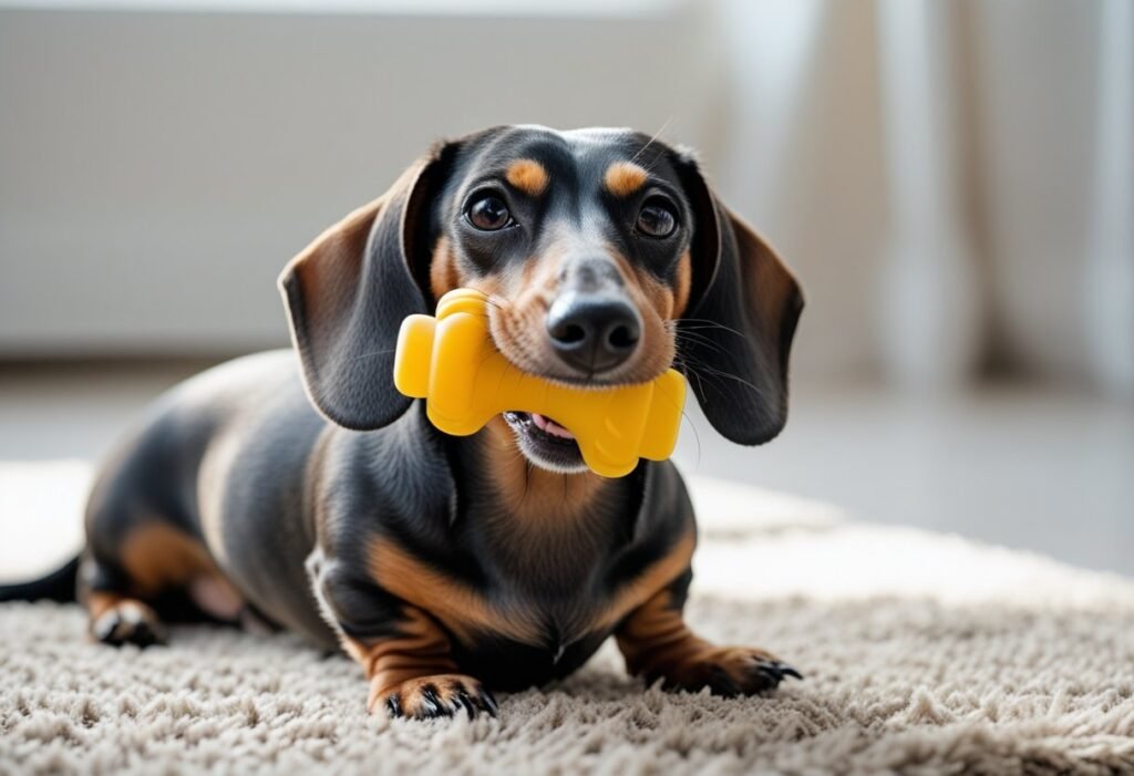 Smooth-haired Dachshund chewing a safe rubber toy indoors.