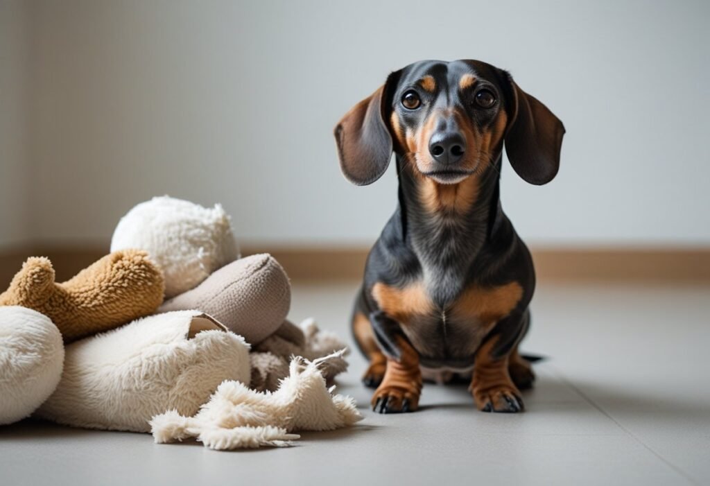 Dachshund sitting beside a pile of destroyed plush toys.