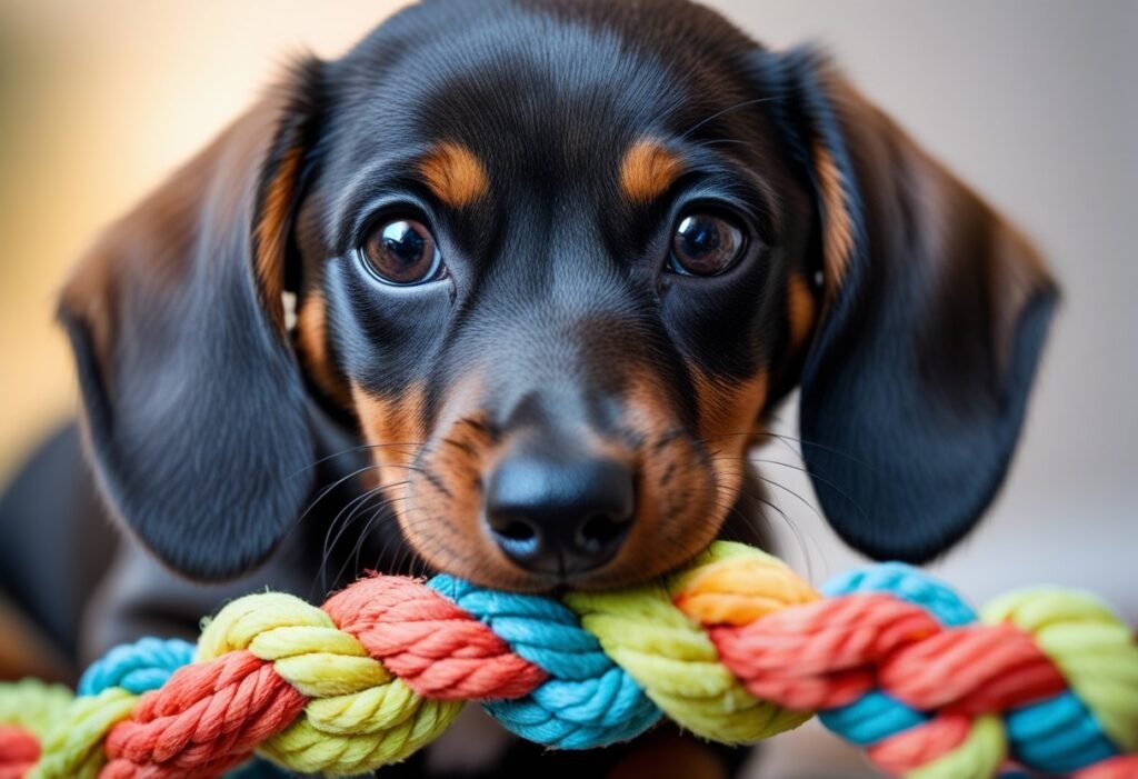 Close-up of Dachshund puppy teething with rope toy.