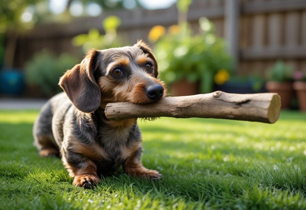 Wire-haired Dachshund chewing a wooden stick in backyard.