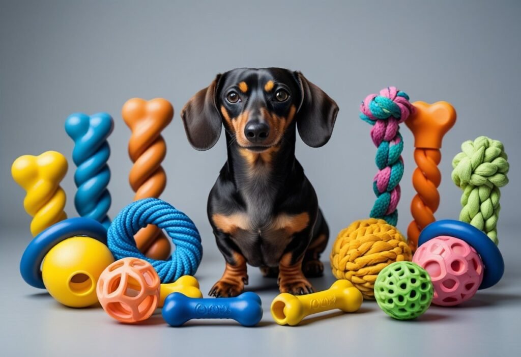Dachshund with a variety of chew-proof toys around.