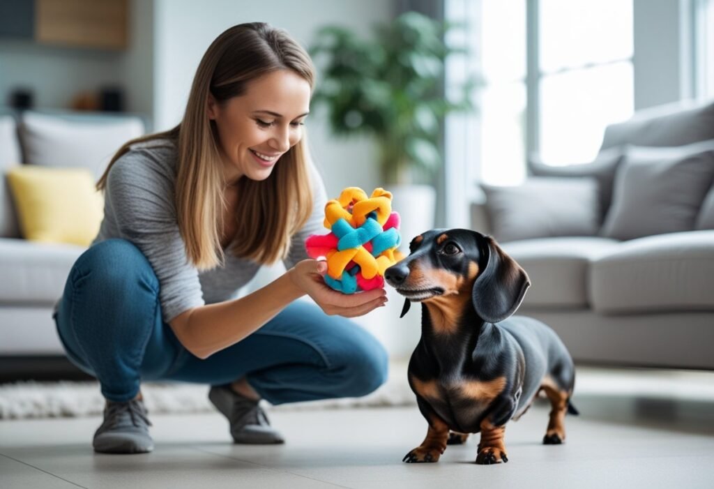 Owner redirecting Dachshund chewing with a toy.