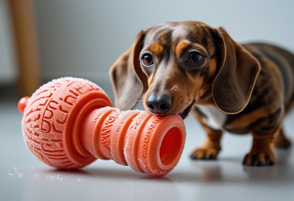 Dachshund chewing on frozen Kong toy filled with treats.