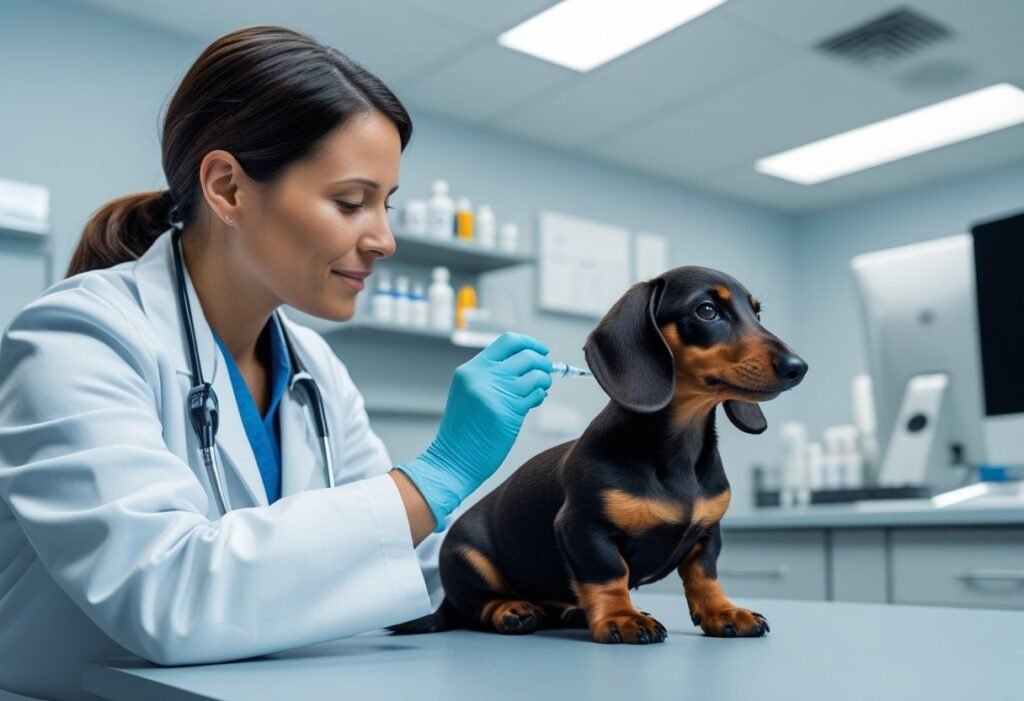 Vet giving Dachshund puppy a vaccination shot during routine immunization.