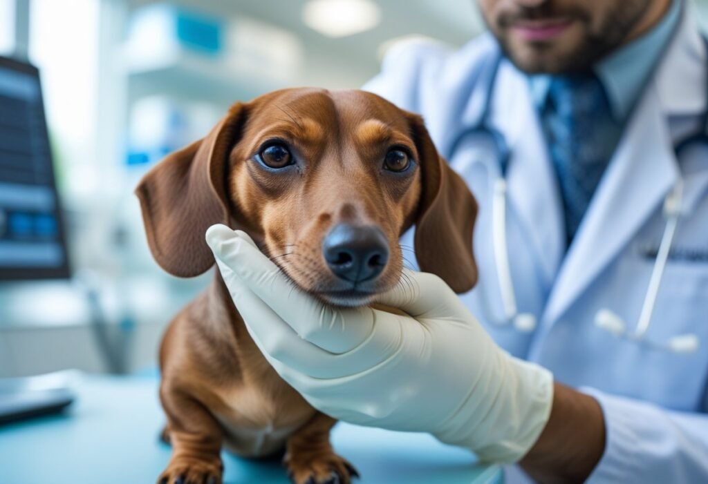 Close-up of vet holding Dachshund paw before vaccine injection.