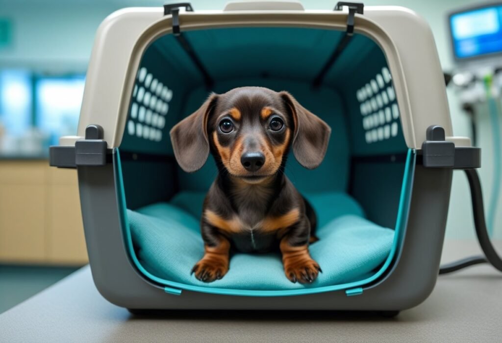 Dachshund puppy waiting safely in carrier at vet clinic for vaccinations.