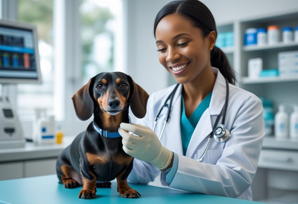 Veterinarian examining Dachshund before giving vaccination.